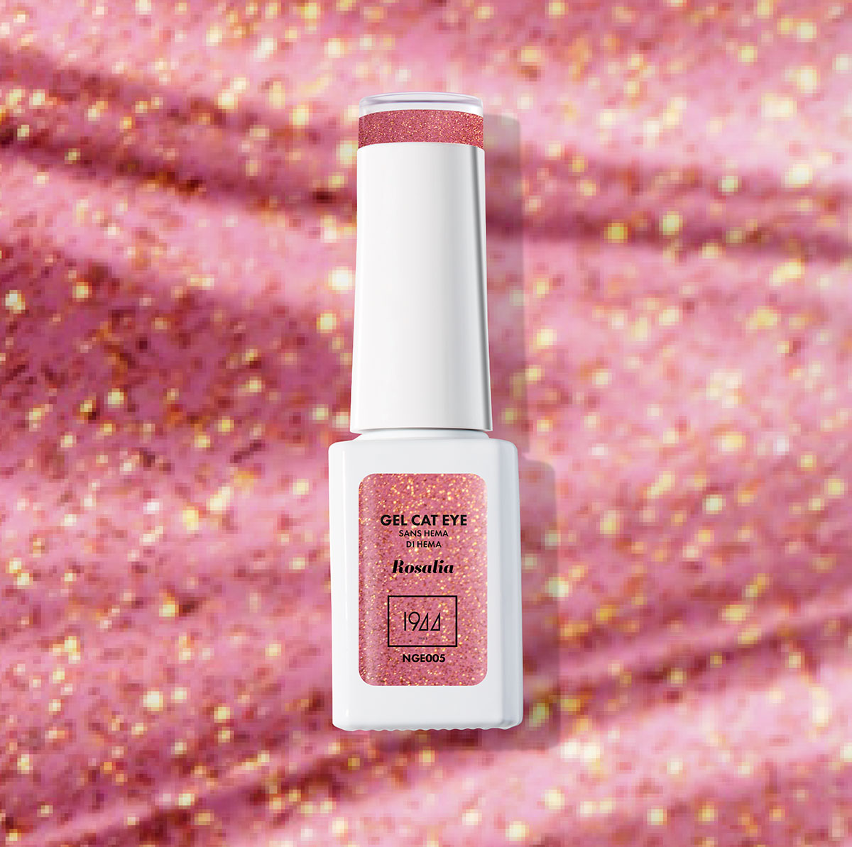 Le Gel Vegan Rosalia, un rose vibrant rehaussé de paillettes dorées. Chaleureux, flamboyant, solaire.